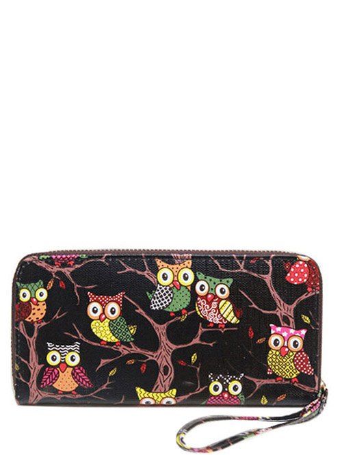 

Zip Around Owl Print PU Leather Wallet, Black