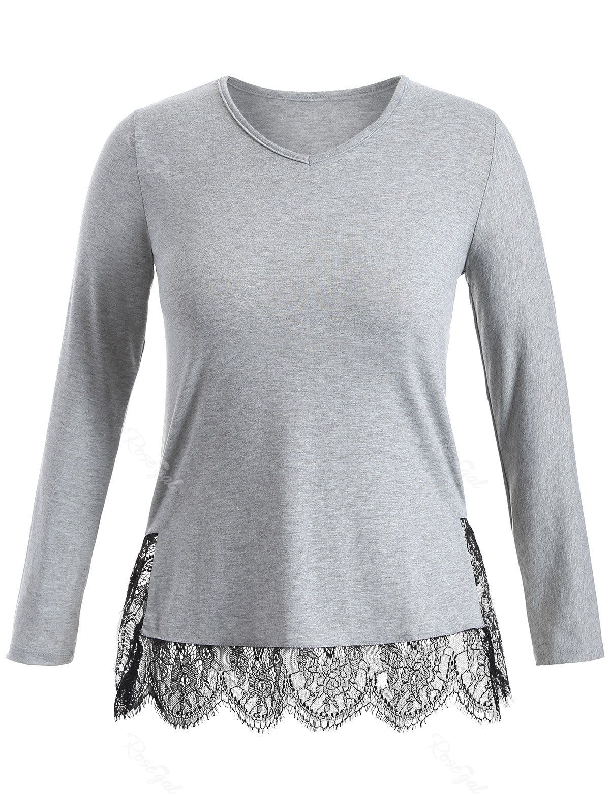 

Long Sleeve Lace Panel Plus Size Tee, Gray