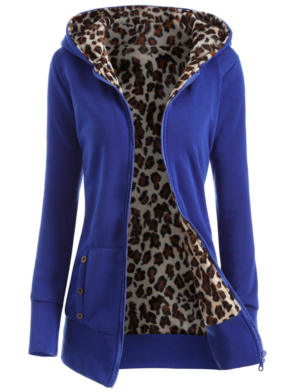 

Zipper Fly Thicken Leopard Pattern Hoodie, Blue