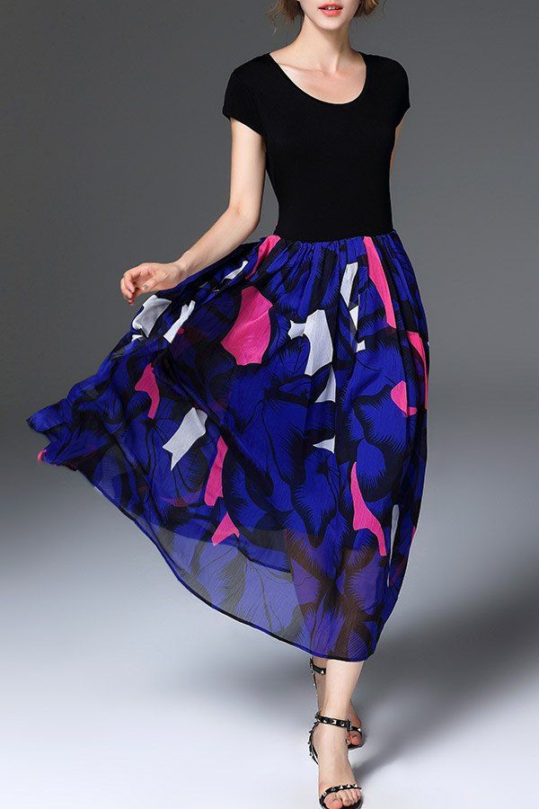 

Maxi Short Sleeve Printed Swing Dress, Black