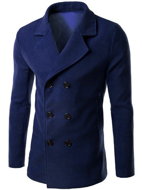 

Double Breasted Lapel Collar Wool Blend Coat, Deep blue