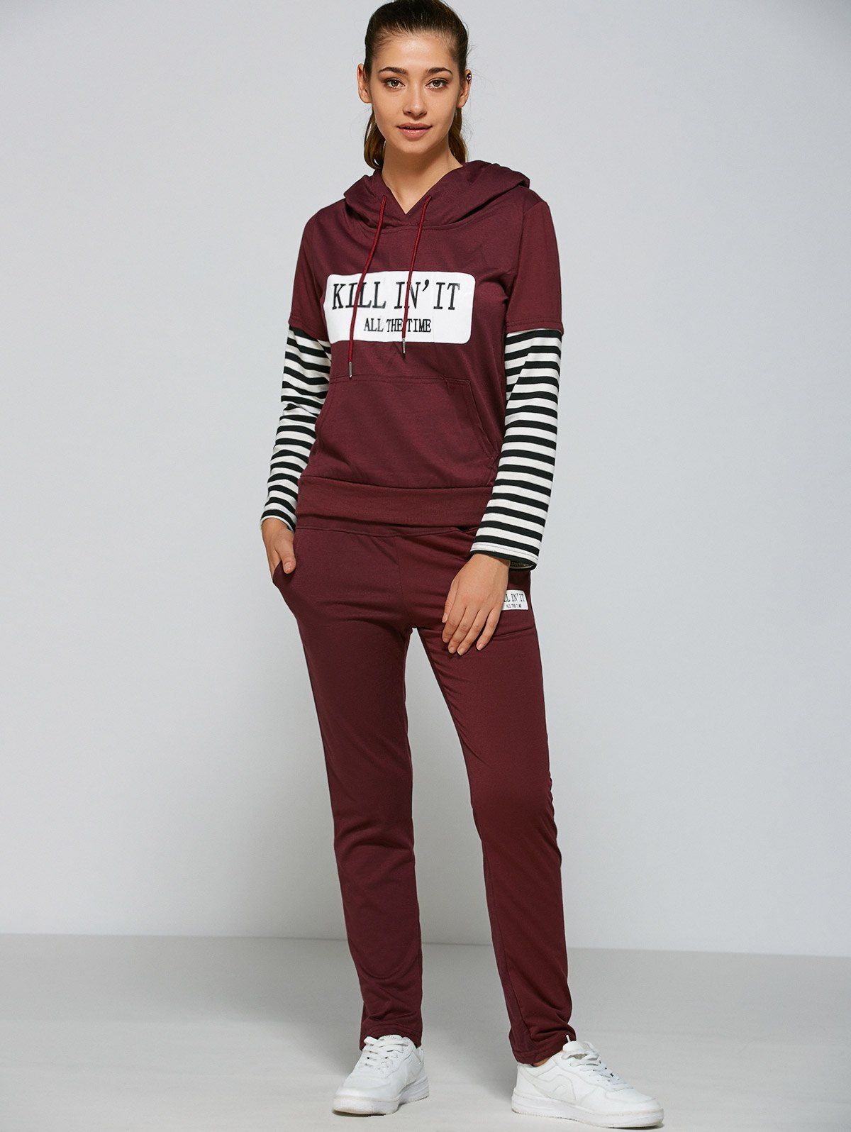 

Active Striped Sleeve Hoodie+Pants, Purplish red