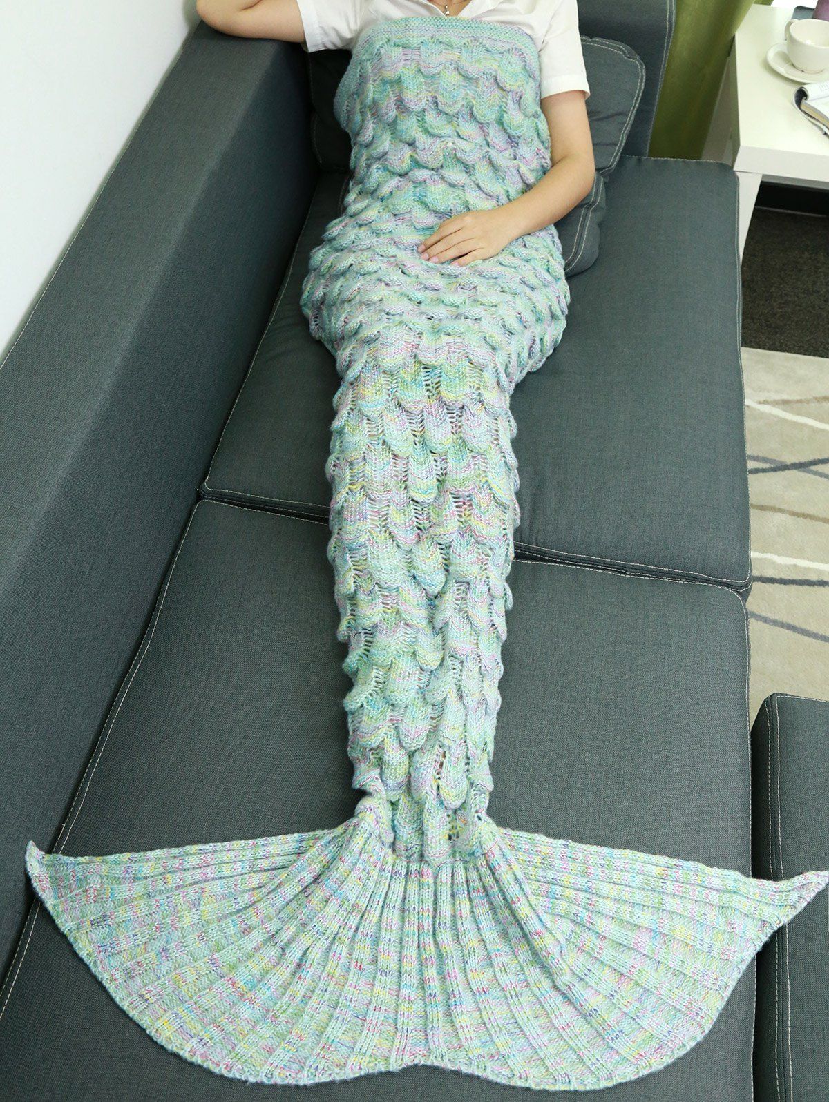 

Warmth Hollow Out Design Knitted Mermaid Tail Blanket, Azure