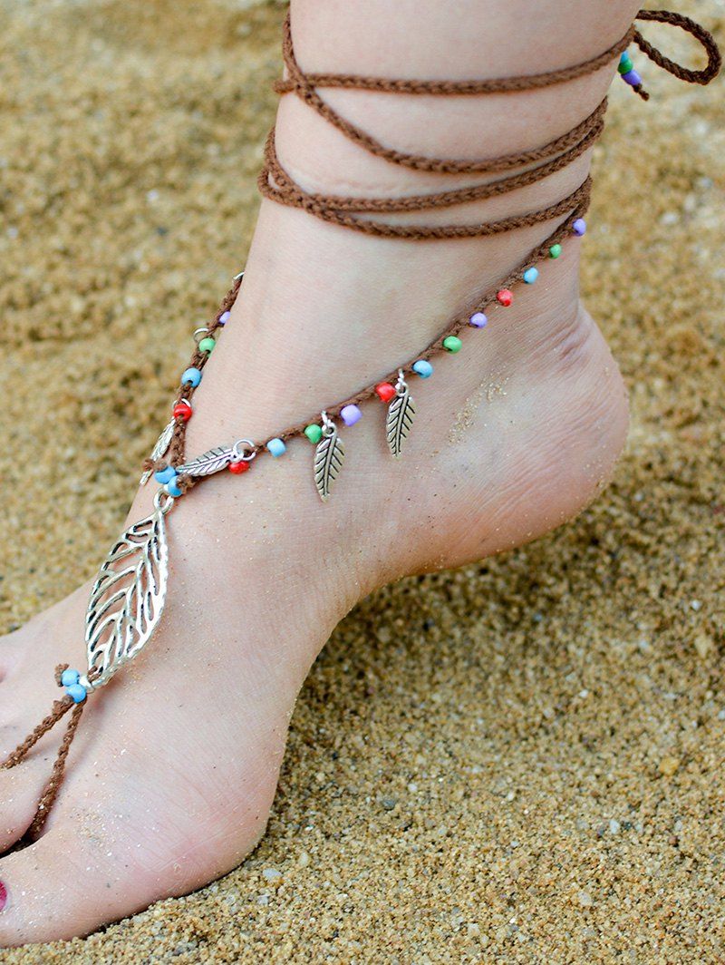 

Handmade Leaf Beaded Layered Toe Girl Hippie Anklet, Gold brown