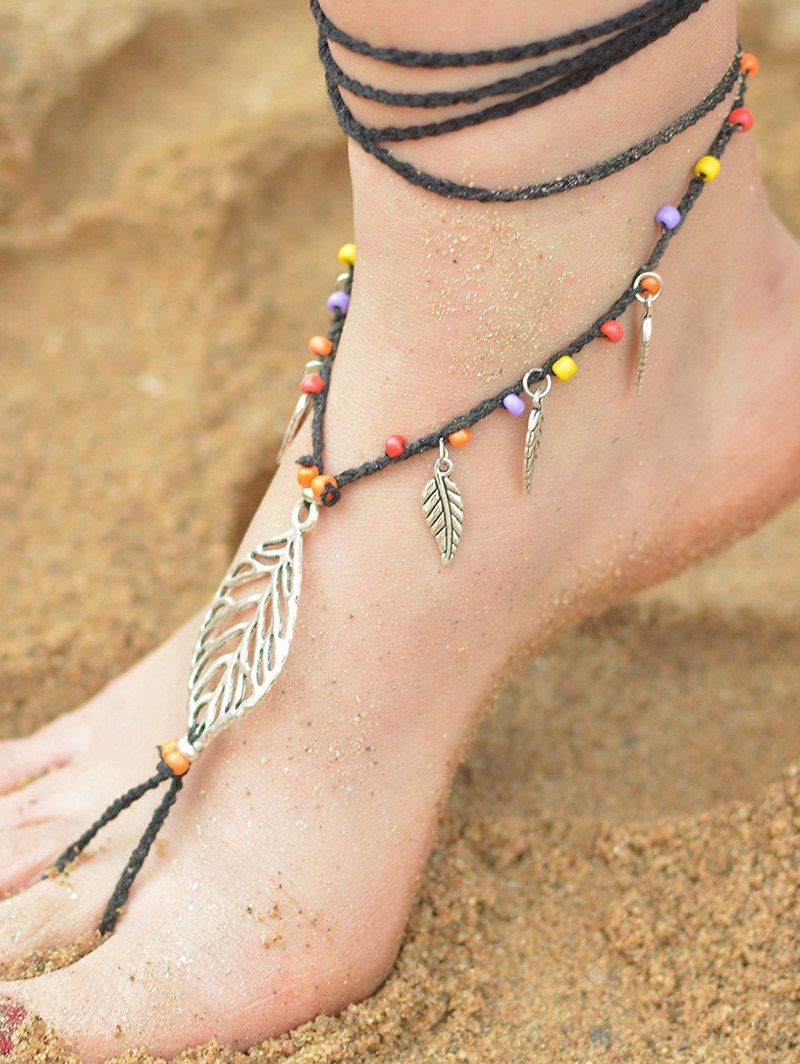 

Handmade Leaf Beaded Layered Toe Girl Hippie Anklet, Black