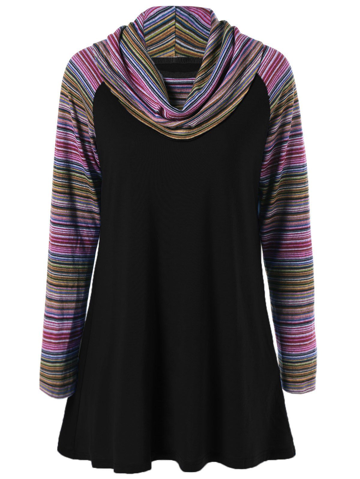 

Cowl Neck Colorful Striped T-Shirt, Black