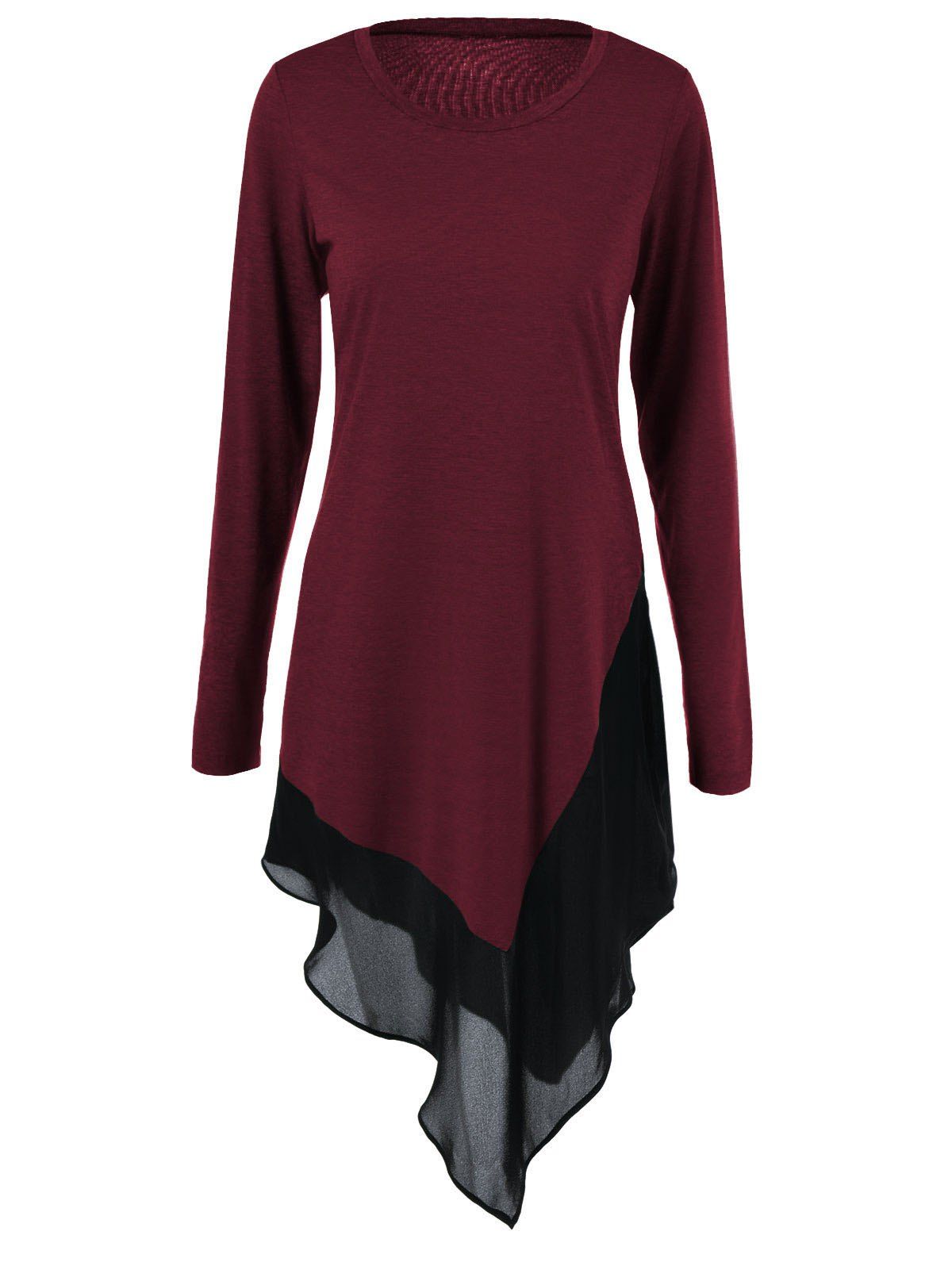 

Chiffon Trim Asymmetrical Long Blouse, Wine red