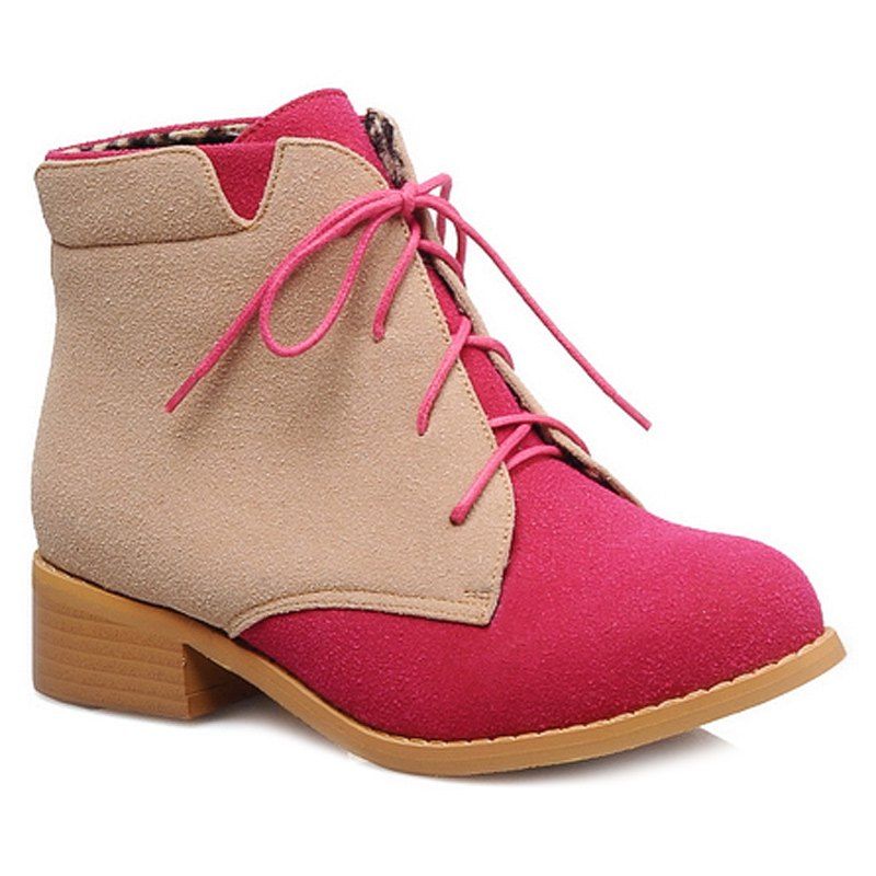 

Suede Color Block Lace-Up Boots, Rose red