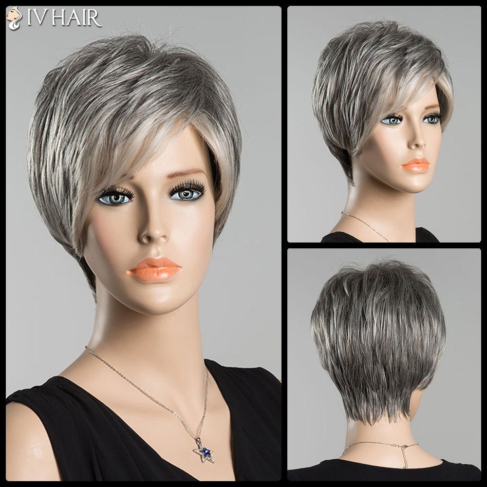 

Short Fluffy Inclined Bang Straight Ombre Siv Human Hair Wig, Colormix