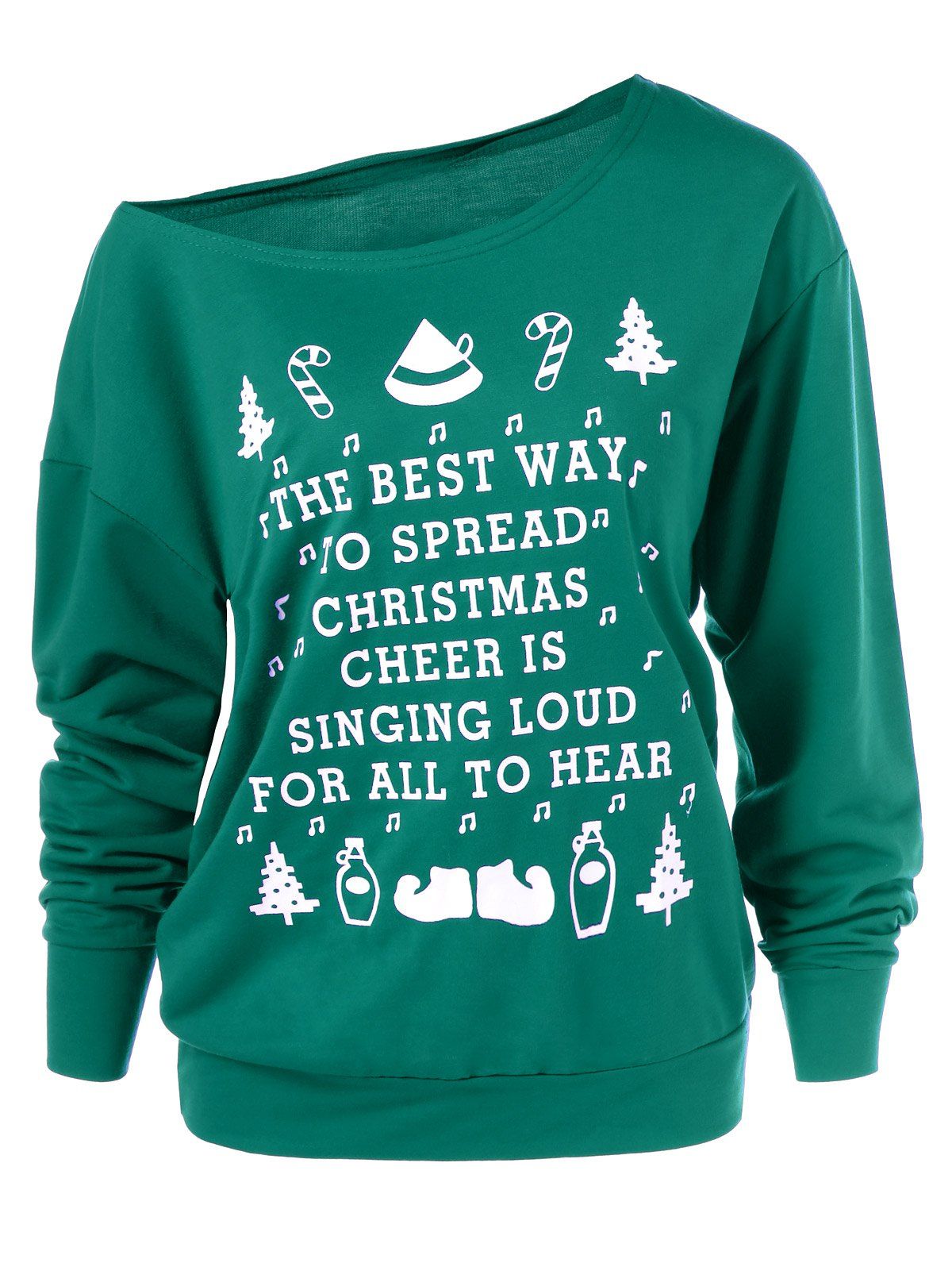 

Christmas Graphic Pullover Skew Neck Green Sweatshirt