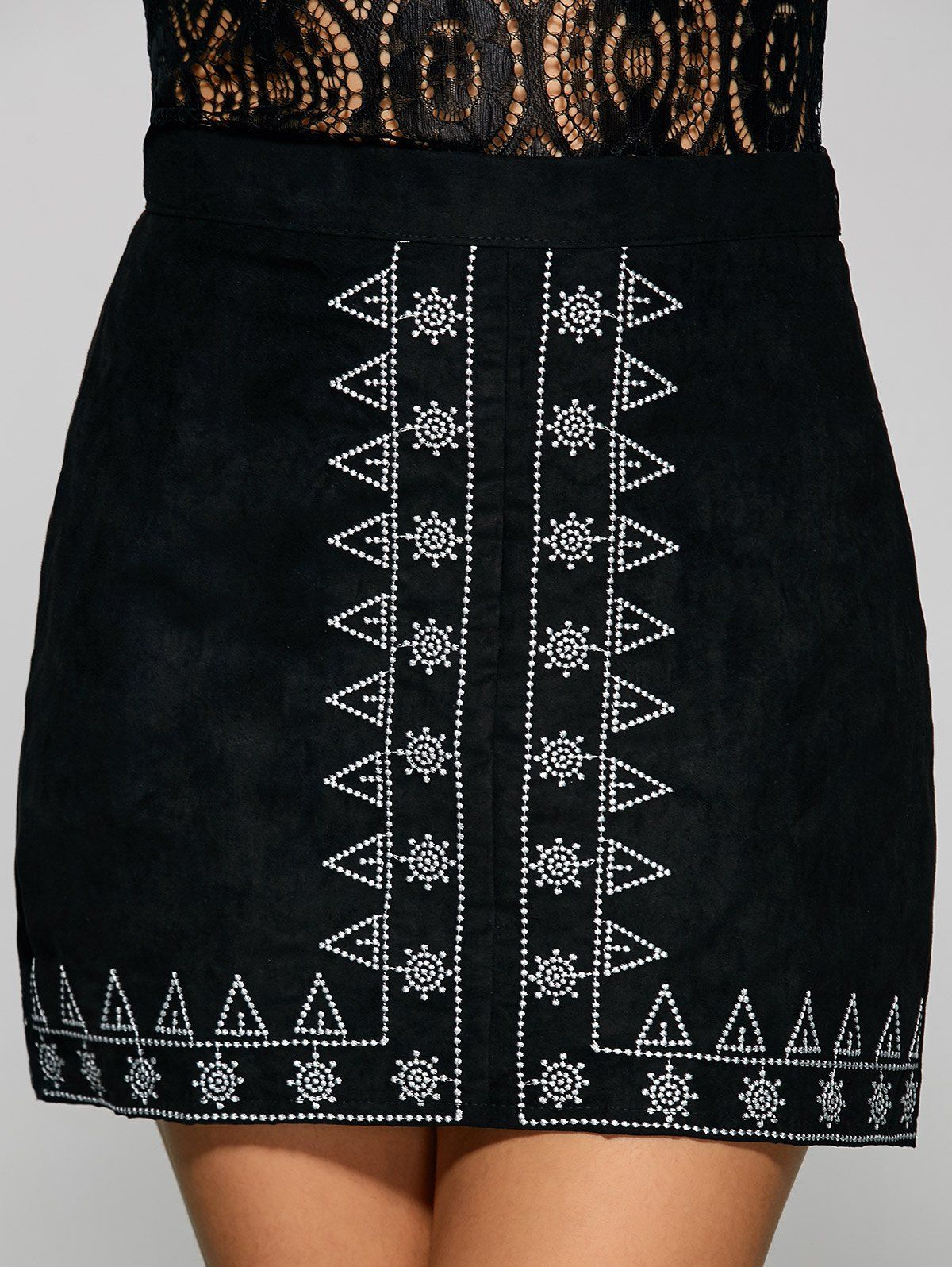 

Sun and Small Tree Embroidery Faux Suede Skirt, Black