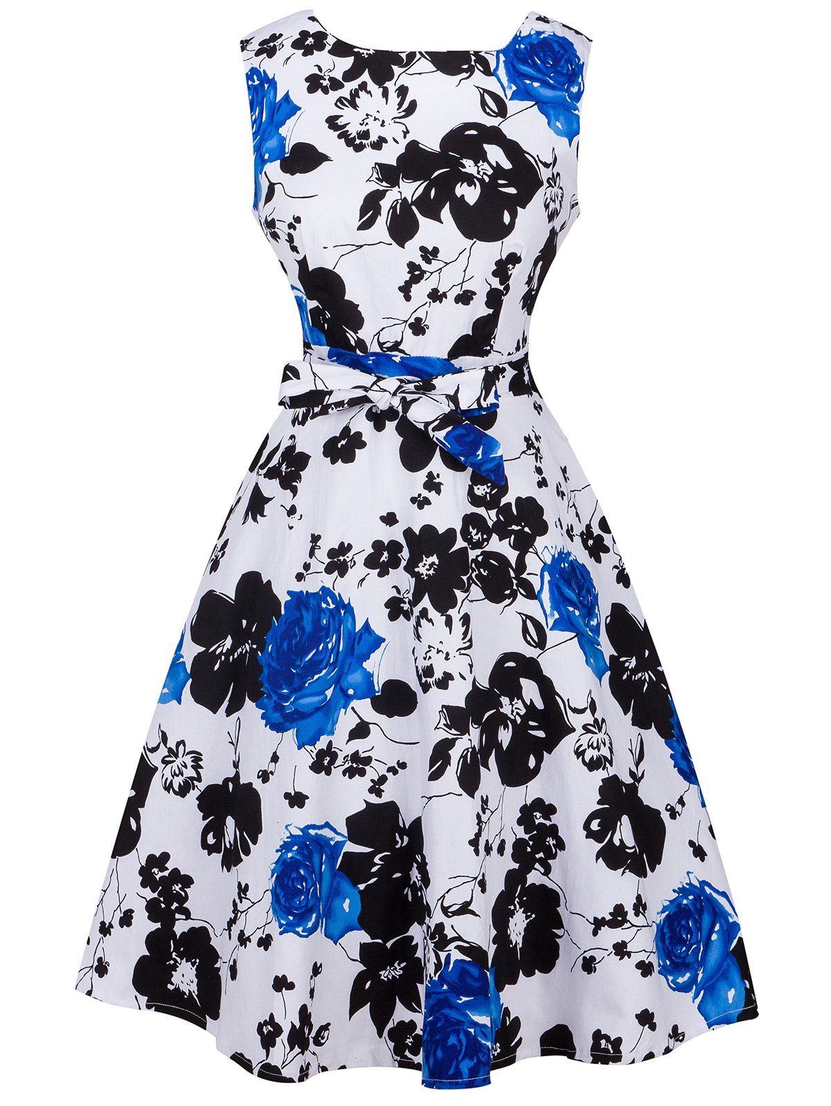 Blue 2xl Retro Ornate Floral Print Tie-waist Dress | Rosegal.com