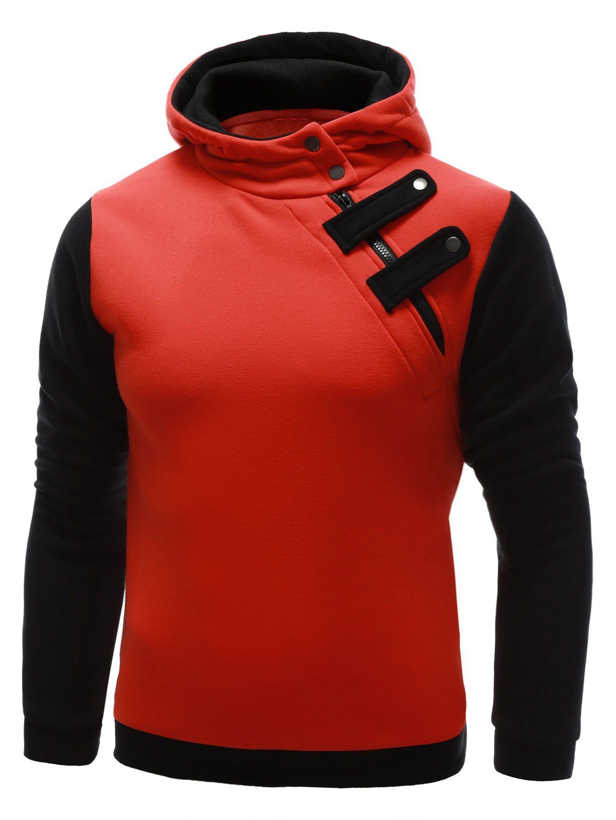 Unique Inclined Zipper Color Block Hooded Long Sleeves Hoodie For Men  