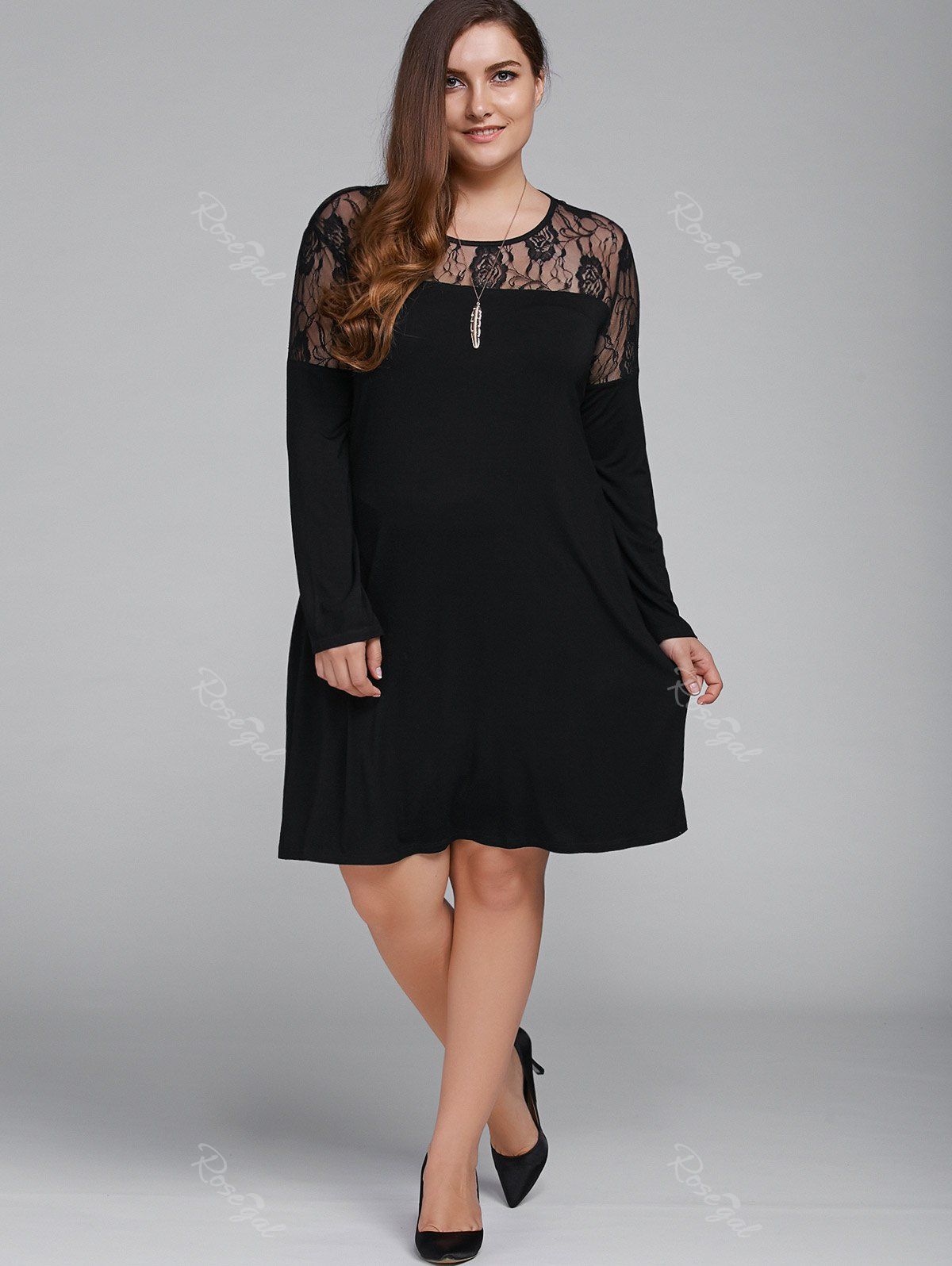 [45% OFF] Plus Size Long Sleeve Lace Splicing Dress | Rosegal