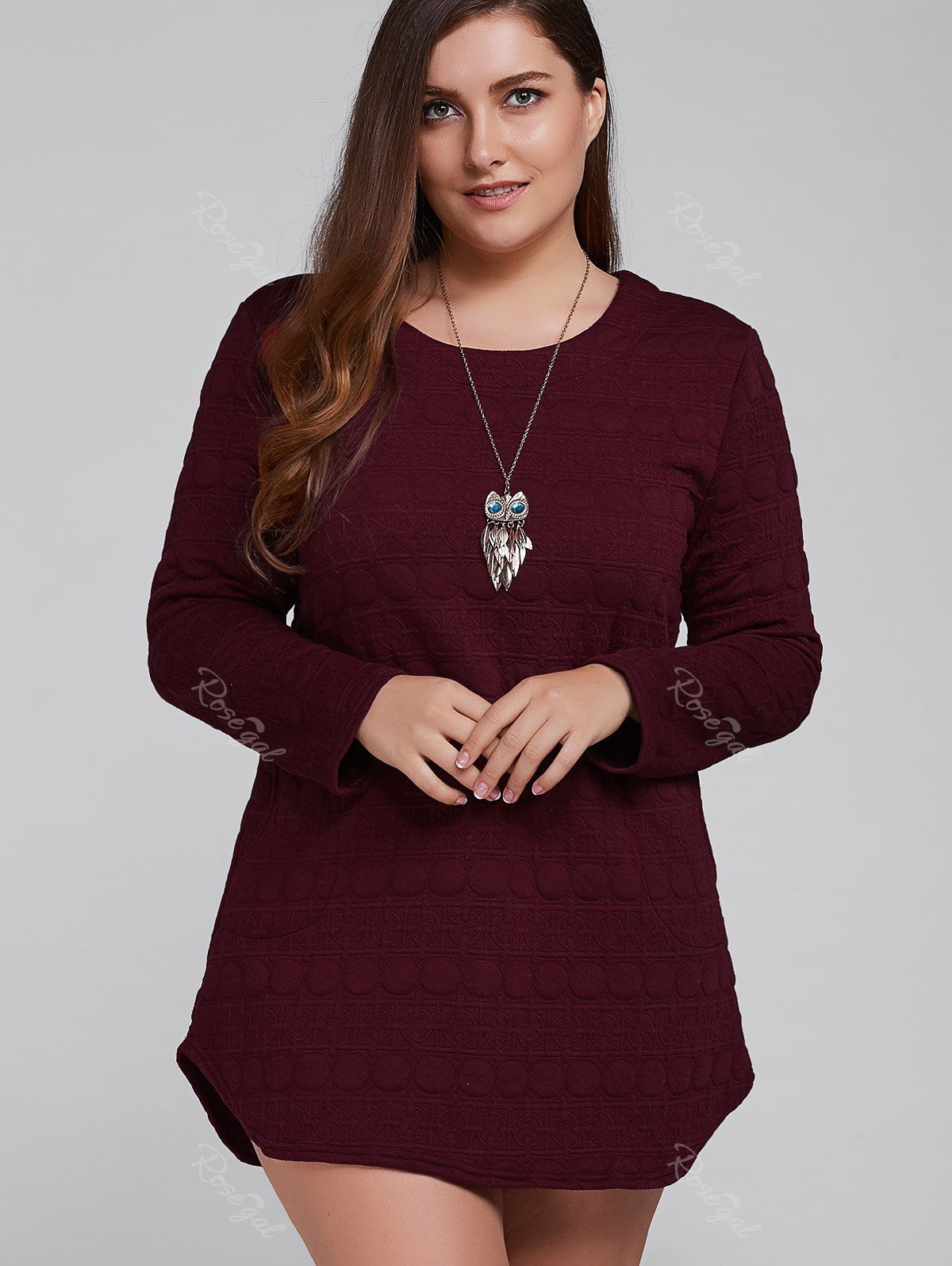 

Long Sleeve Loose Mini Dress, Wine red