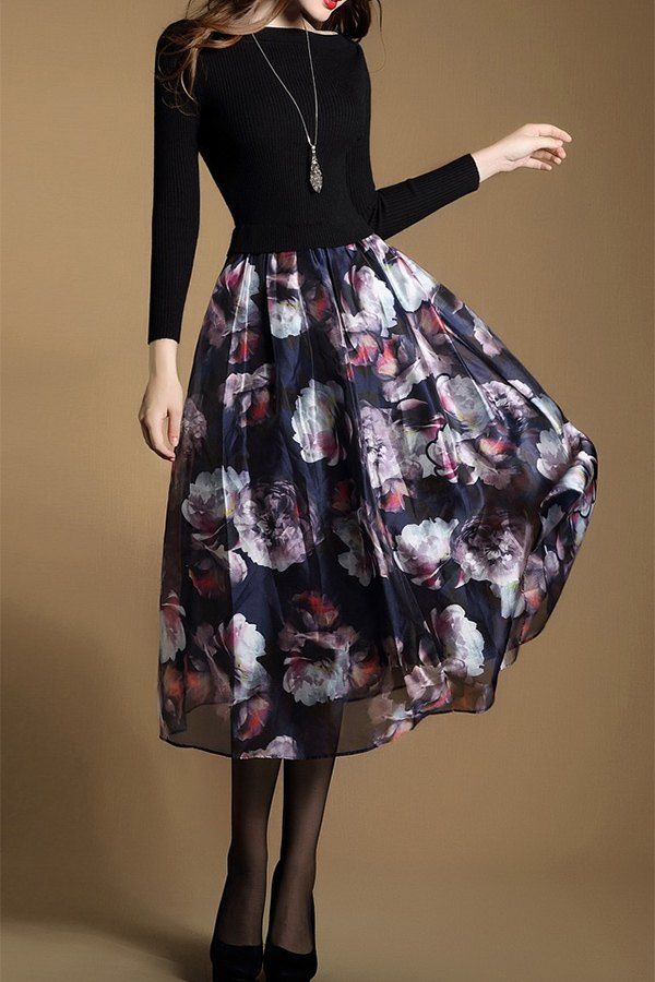 [77% OFF] Floral Knitted Long Sleeve Midi Swing Dress | Rosegal