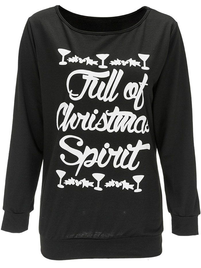 Pullover Letter Print Christmas Sweatshirt, Black