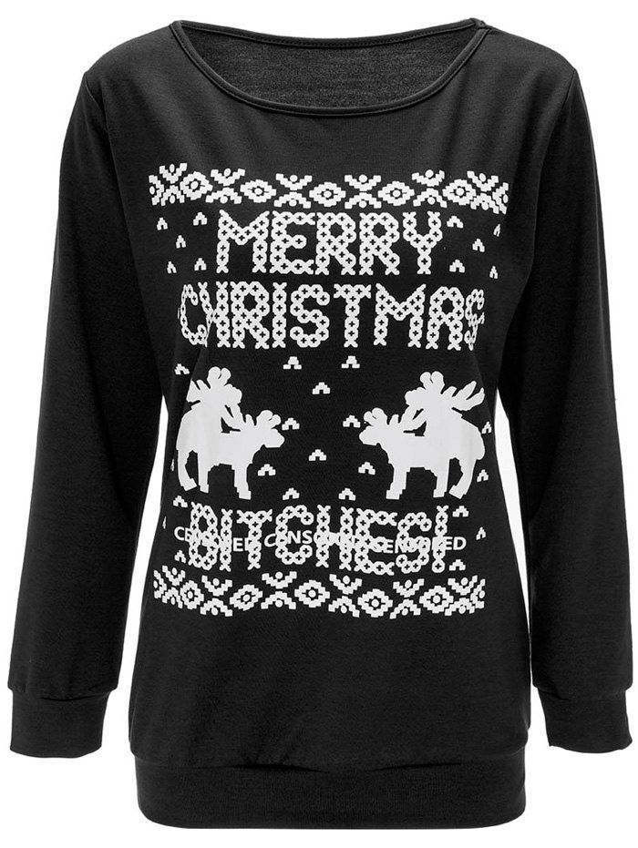 

Christmas Elk Print Pullover Sweatshirt, Black