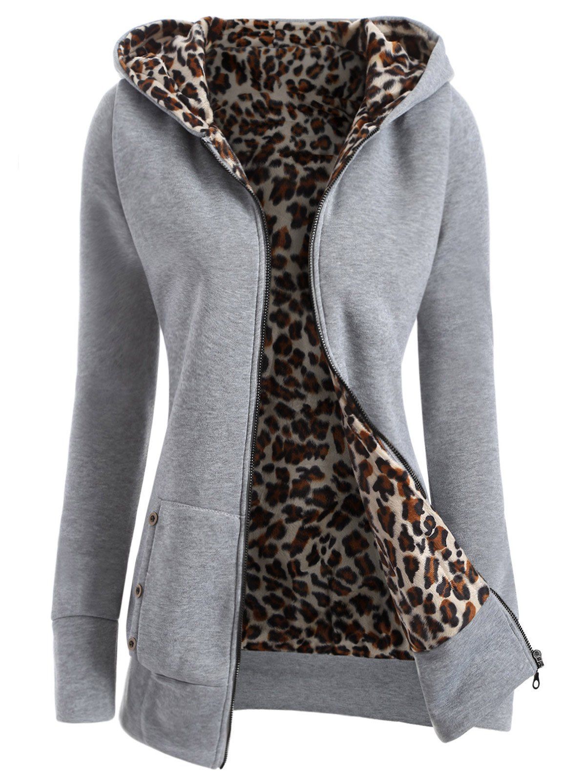 

Zipper Fly Thicken Leopard Pattern Hoodie, Light gray