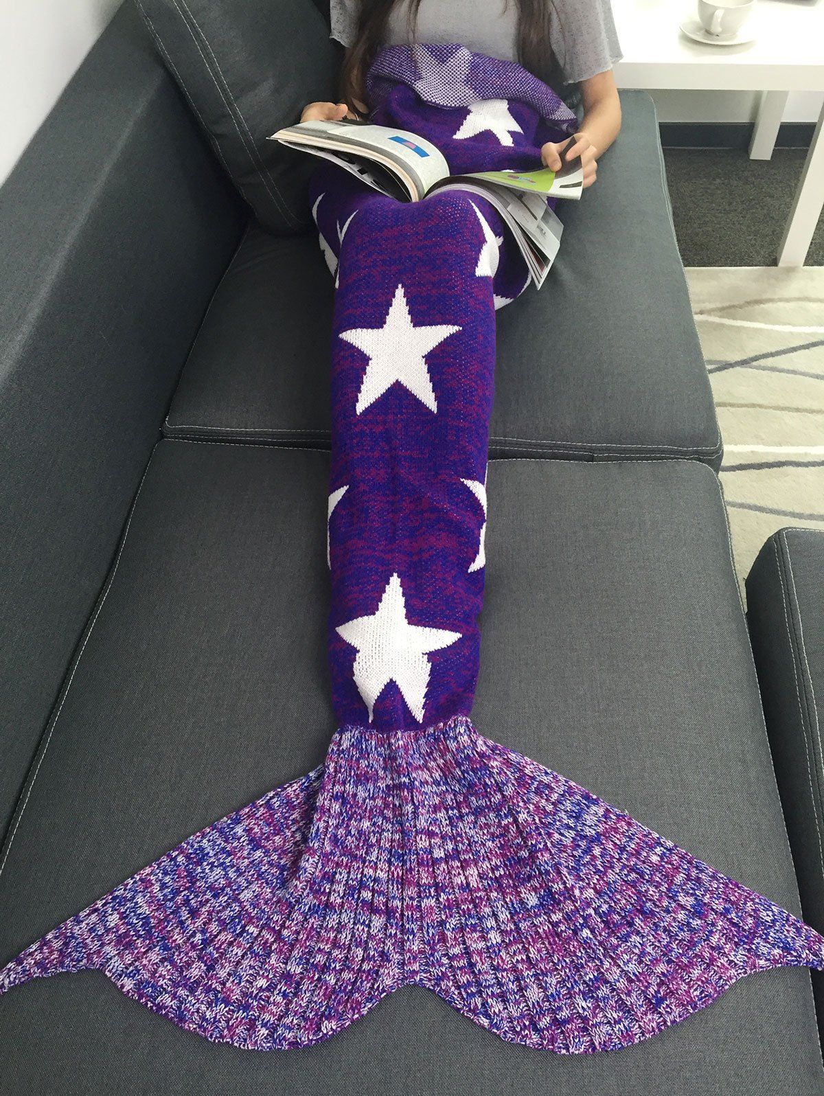 

Stars Pattern Knitted Mermaid Tail Blanket, Purple