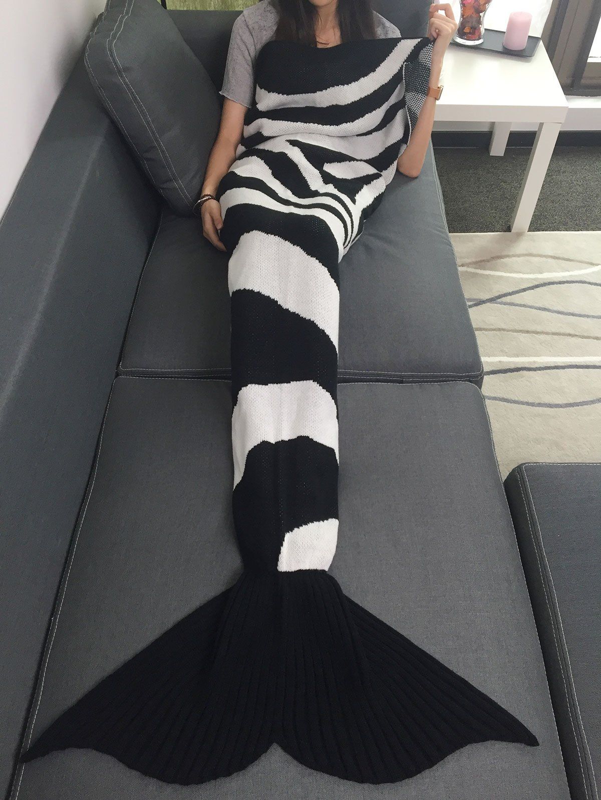 

Color Block Knitted Mermaid Tail Blanket, White and black