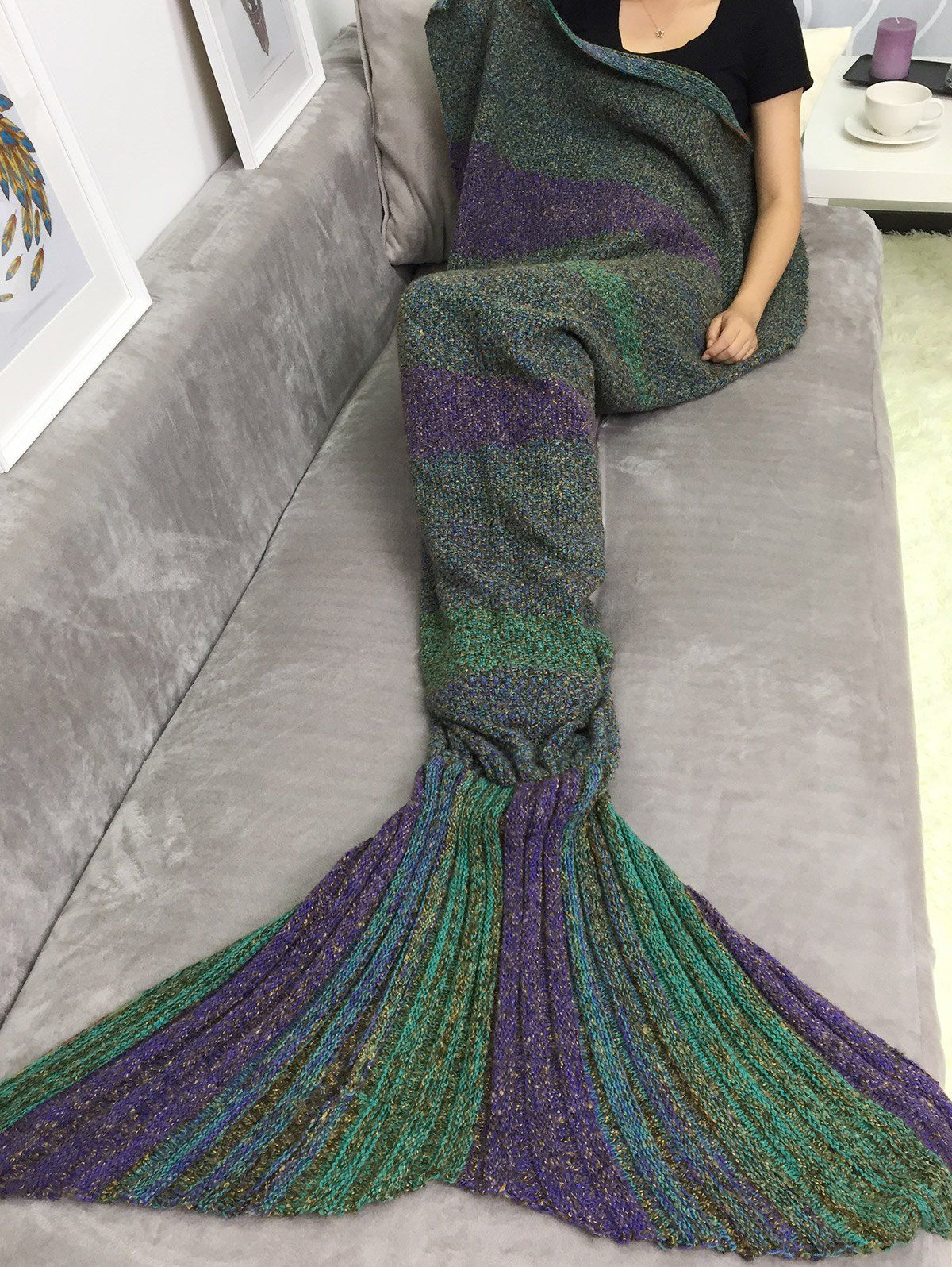 Cheap Good Quality Handmade Crochet Sofa Sleeping Bag Mermaid Blanket  