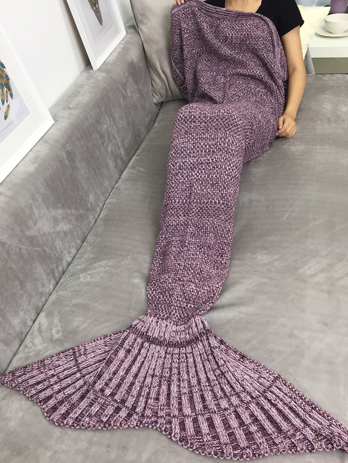 

Thicken Crochet Sofa Bed Sleeping Bag Wrap Mermaid Blanket, Flax