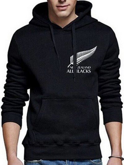 

Hooded Leave Pattern Kangaroo Pocket Hoodie, Black