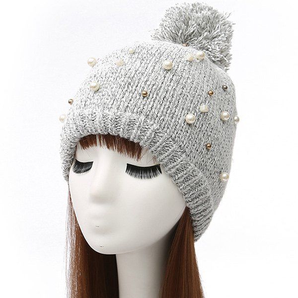 Online Faux Pearl Beaded Ball Wool Beanie Hat  