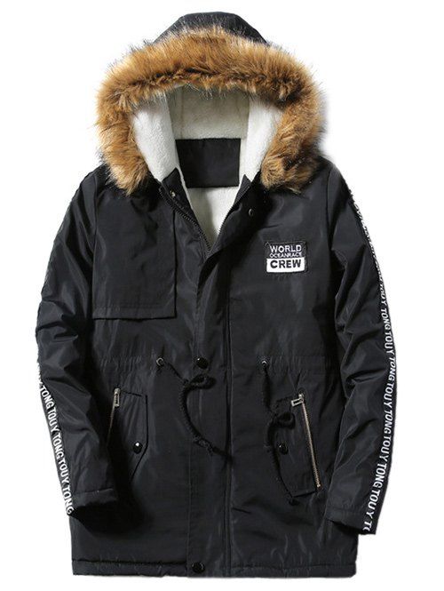 

Furry Hood Applique Drawstring Fleece Coat, Black