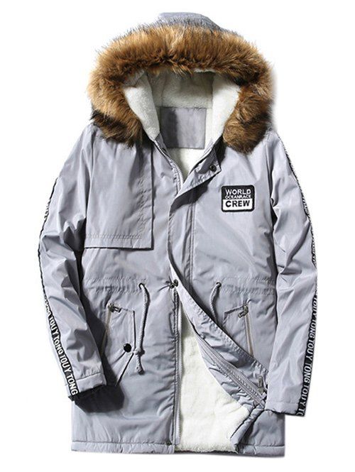 

Furry Hood Applique Drawstring Fleece Coat, Gray