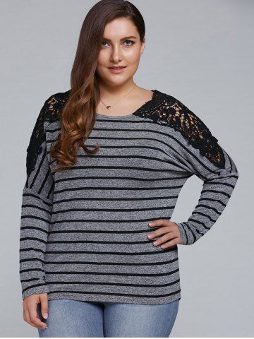 2019 sheer lace inset striped plus size shirt