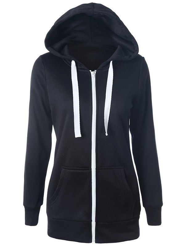 

Casual Drawstring Long Sleeve Zipper Up Hoodie, Black