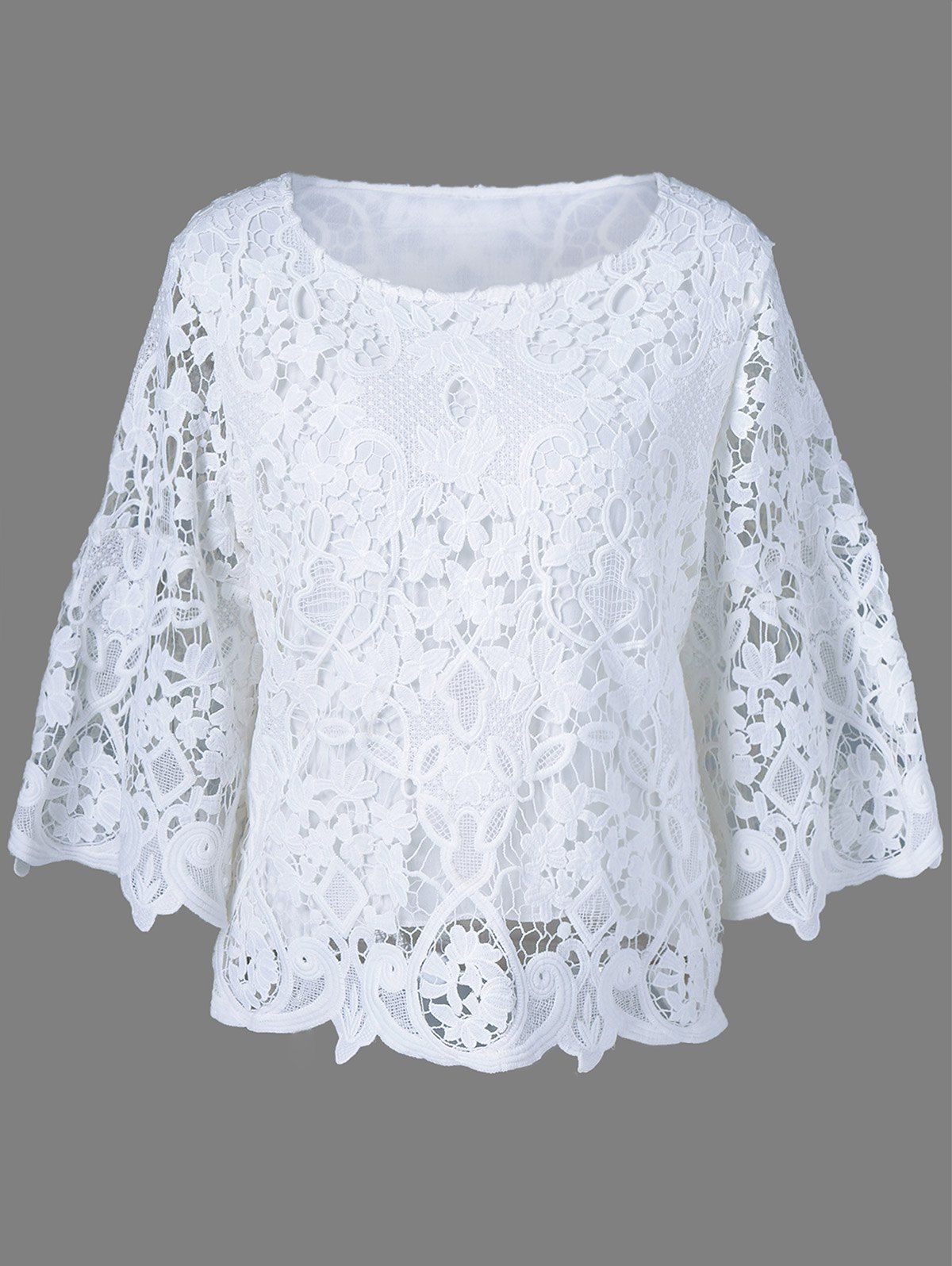 White One Size Bell Sleeve Sheer Lace Blouse | Rosegal.com