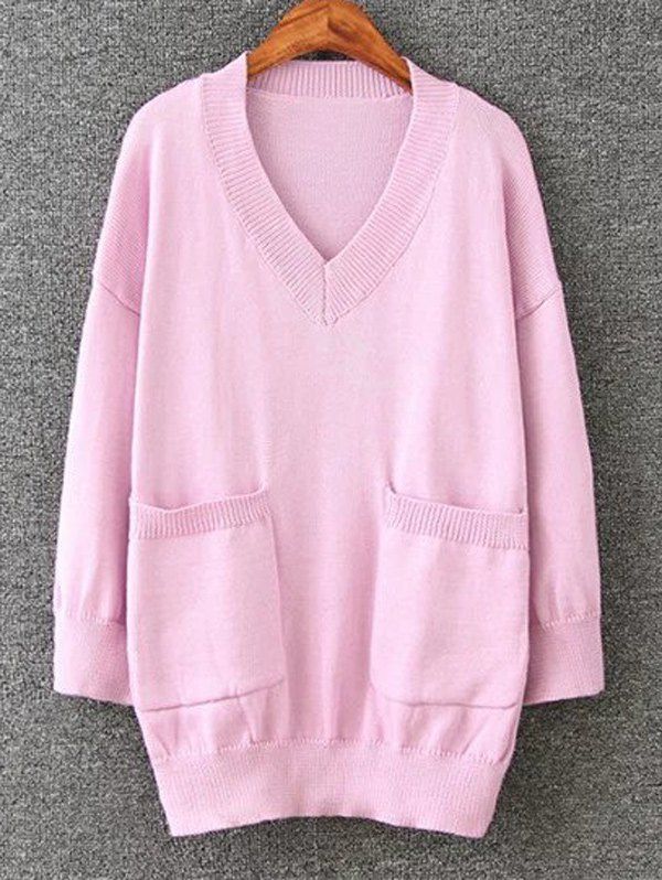 

Long Pullover Plus Size V Neck Sweater with Pockets, Pink