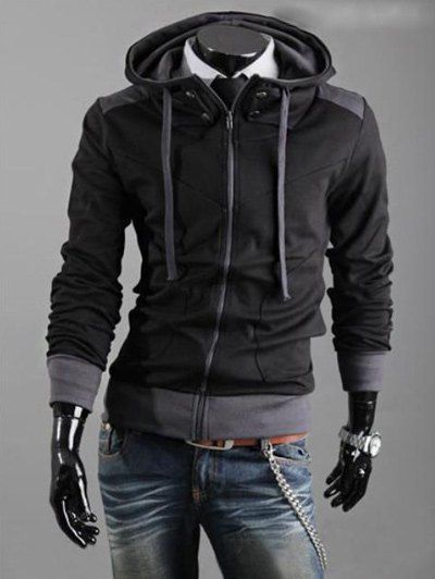 

Hooded Color Block Drawstring Zipper Hoodie, Black