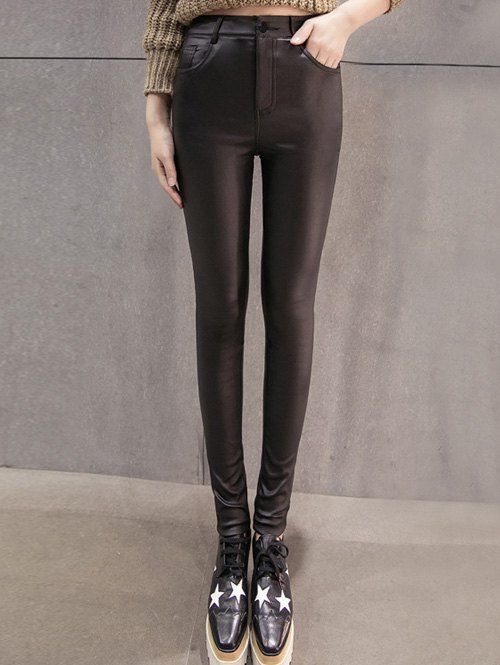 

High Waist Flocking Faux Leather Pants, Black