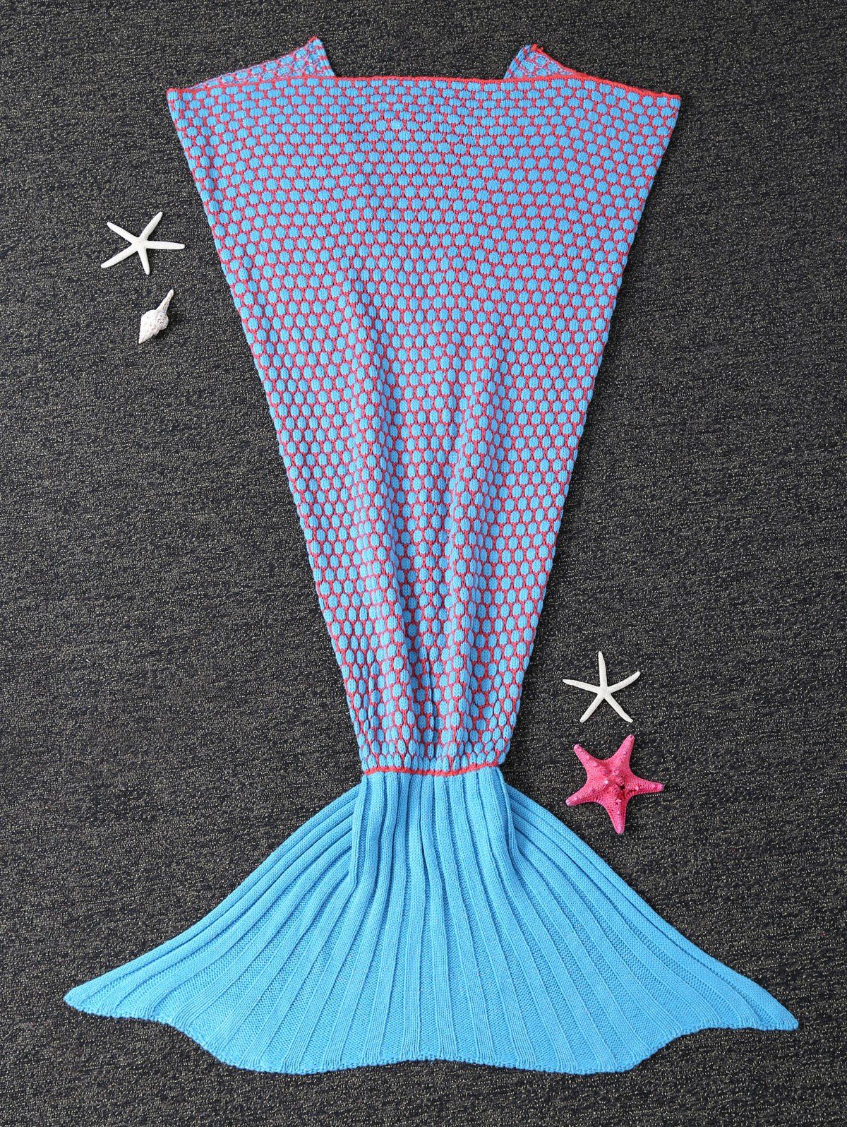 Couverture Enveloppante Sirène Tricotée Épaisse à Petits Pois Canapé pour Enfants Bleu 