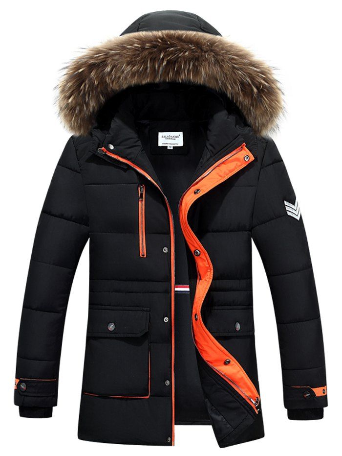 

Furry Hood Color Block Zip-Up Padded Coat, Black