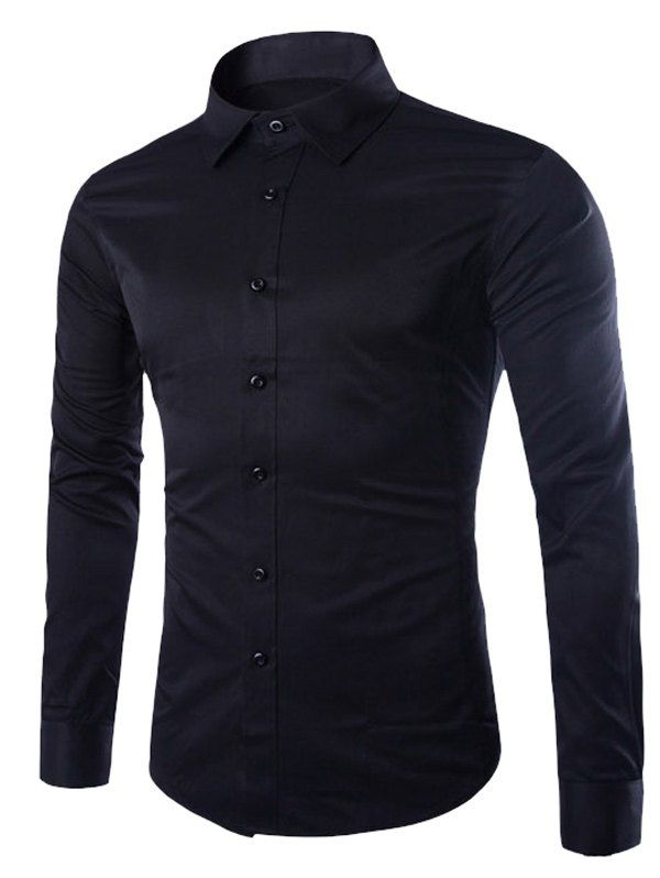 

Turn-down Collar Button Up Plain Shirt, Black