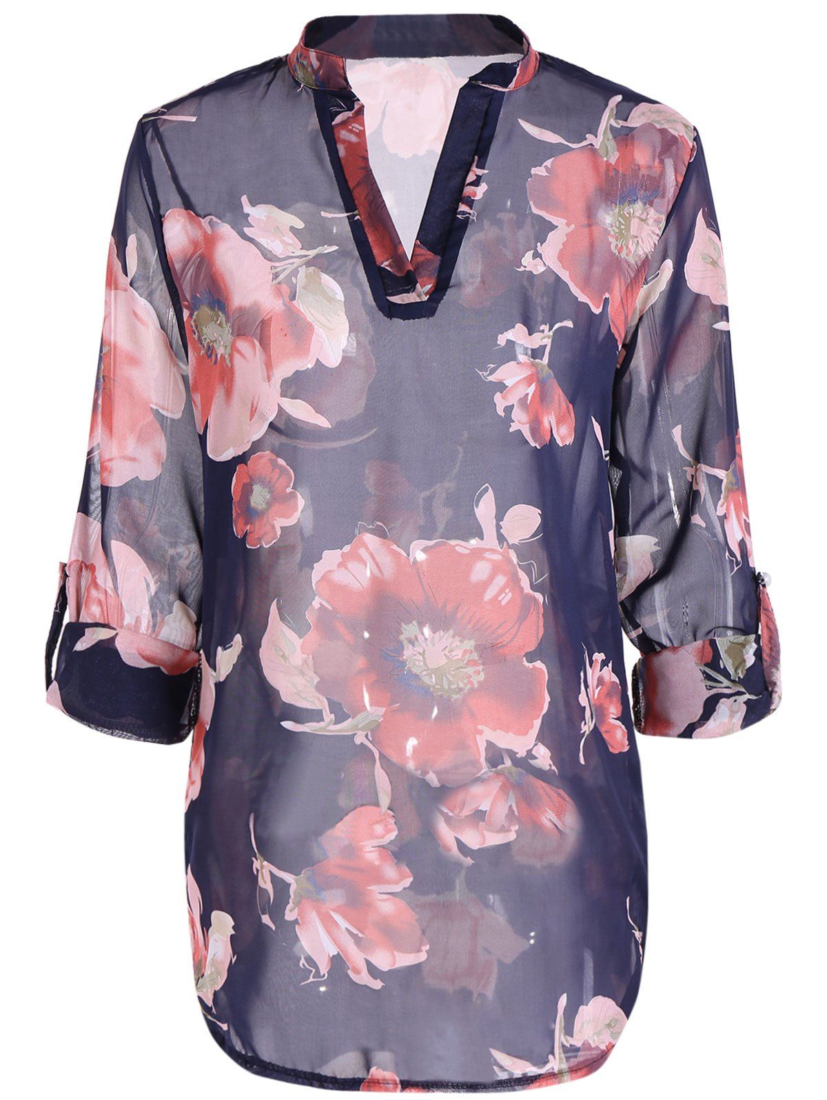 

Floral High-Low Slit Shirt, Purplish blue
