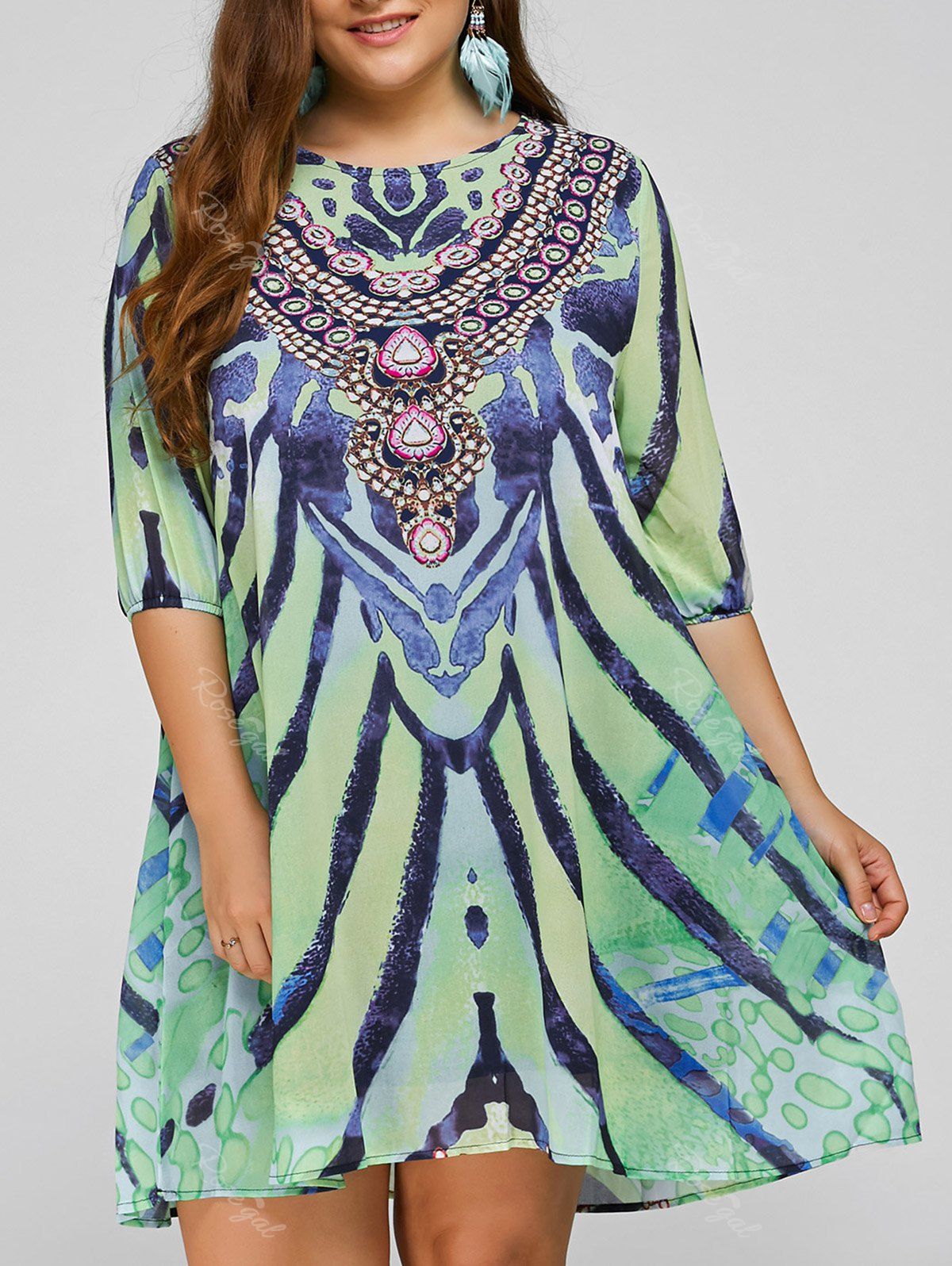 

Cool Plus Size African Style Print Swing Dress, Light green