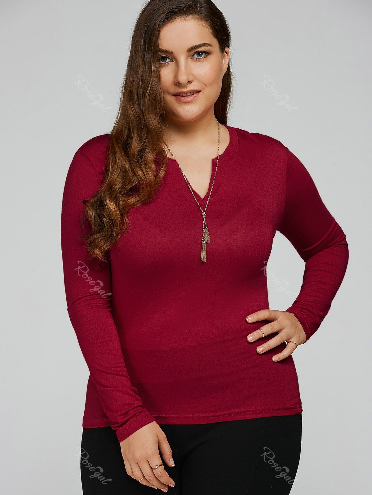 

Plus Size Cotton Long Sleeve T-Shirt, Wine red