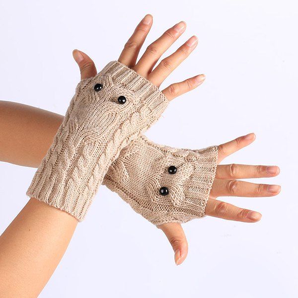 

Twist Knitted Owl Fingerless Gloves, Beige