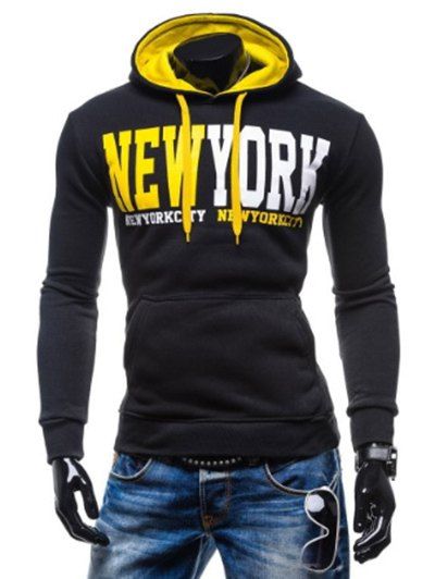 

New York Printed Kangaroo Pocket Pullover Hoodie, Yellow and black