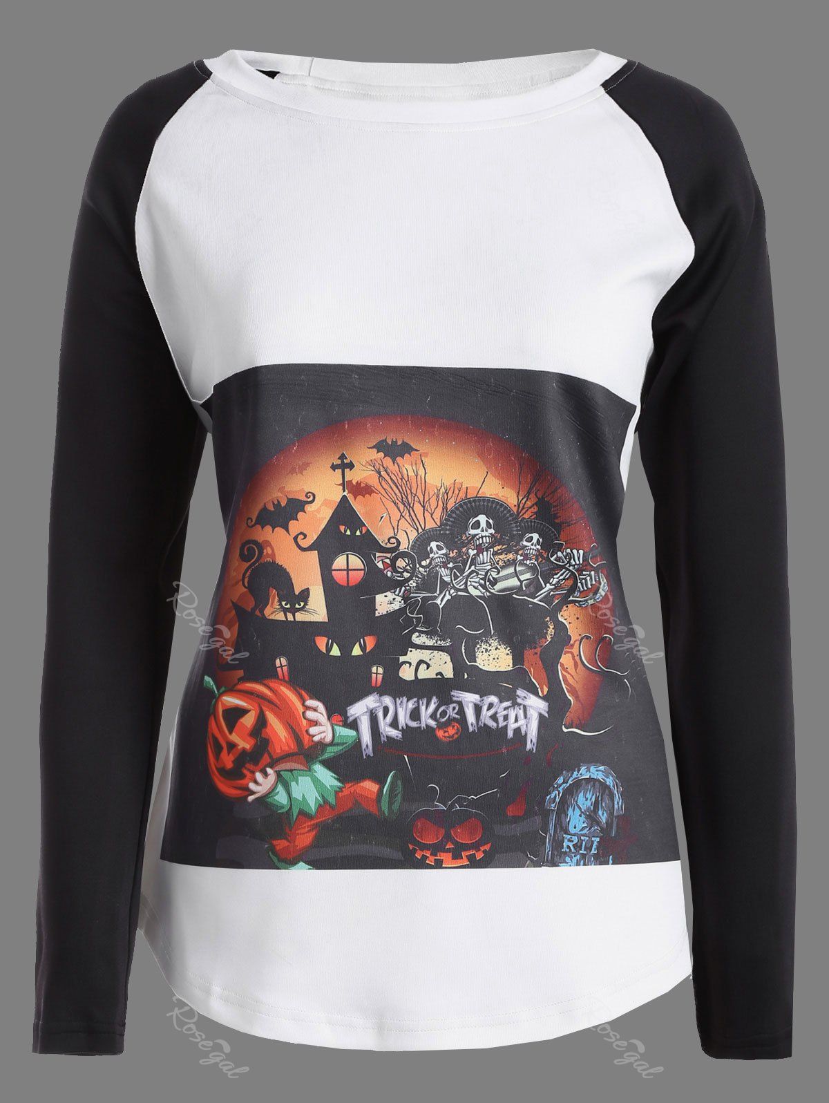 

Raglan Sleeves Pumpkin Skull Print Halloween T-Shirt, White and black