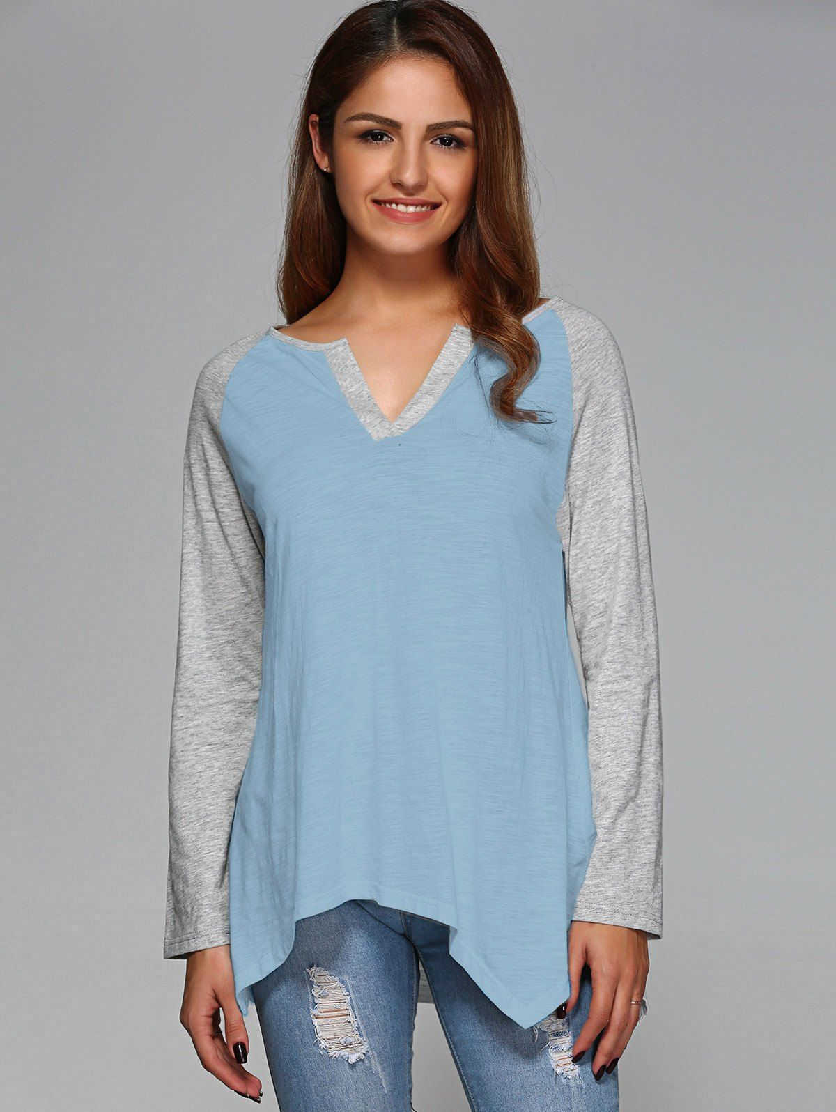 

Raglan Sleeve Asymmetrical T-Shirt, Light blue