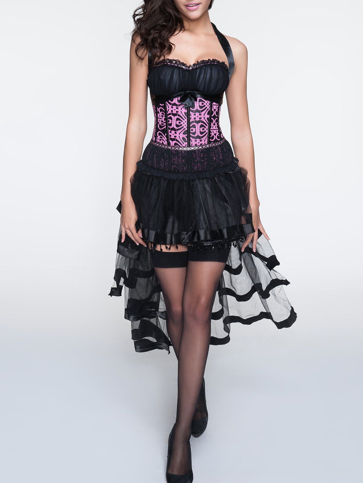 [29% OFF] Halter Patchwork Corset + Asymmetrical Skirt Twinset | Rosegal