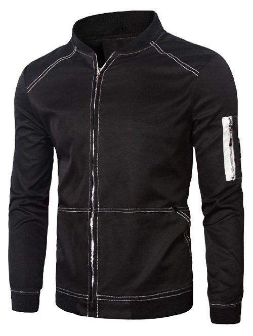 

Stand Collar Suture Design Zip-Up Jacket, Black