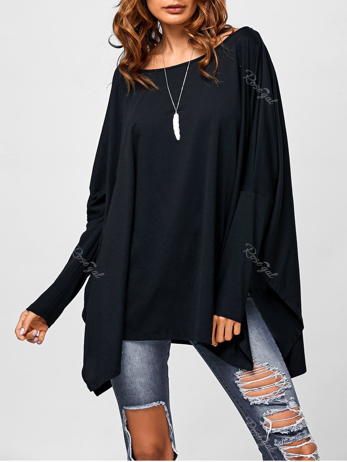 Black 5xl Drop Shoulder Side Slit Smock Tee | RoseGal.com